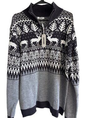 COOFANDY Men's 2XL Fair Isle Reindeer Christmas Quarter Zip Sweater NWT